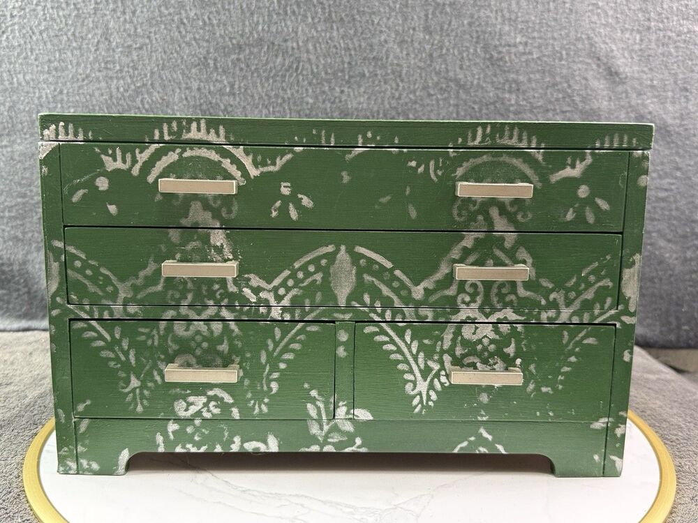 Green Hand Painted Wood Jewelry Box Silver Stencil Mirror Geometric Handmade